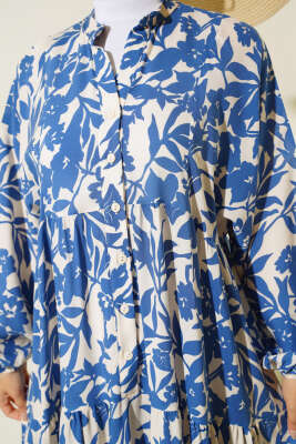 Etnik Desen Yarı Patlı Elbise İndigo - Thumbnail