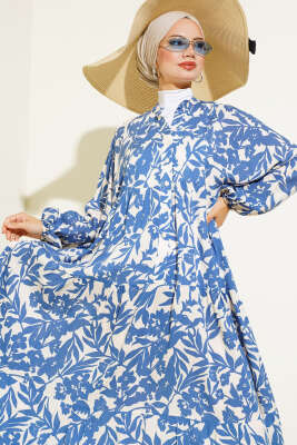 Etnik Desen Yarı Patlı Elbise İndigo - Thumbnail