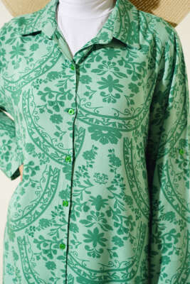 Etnik Desen Uzun Tunik Takım Yeşil - Thumbnail