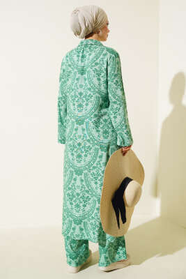 Etnik Desen Uzun Tunik Takım Yeşil - Thumbnail