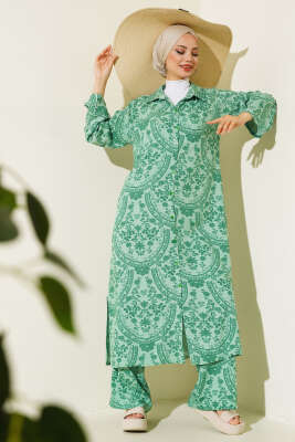 Pazarium - Etnik Desen Uzun Tunik Takım Yeşil