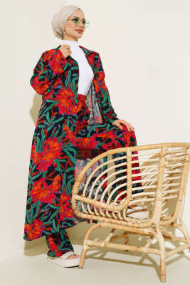 Pazarium - Etnik Desen Uzun Tunik Takım Siyah Oranj