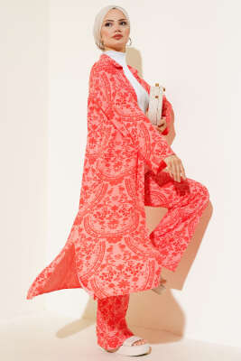 Pazarium - Etnik Desen Uzun Tunik Takım Mercan