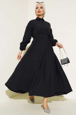 Yakası Fermuarlı Terikoton Elbise Siyah - Thumbnail