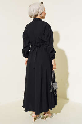 Yakası Fermuarlı Terikoton Elbise Siyah - Thumbnail