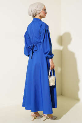 Yakası Fermuarlı Terikoton Elbise Saks - Thumbnail