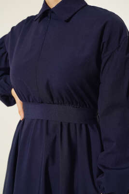 Yakası Fermuarlı Terikoton Elbise Lacivert - Thumbnail