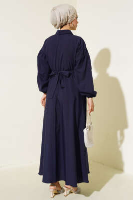 Yakası Fermuarlı Terikoton Elbise Lacivert - Thumbnail