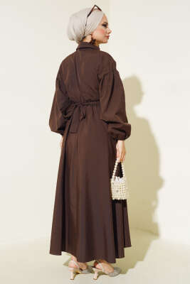 Yakası Fermuarlı Terikoton Elbise Kahve - Thumbnail