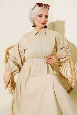 Yakası Fermuarlı Terikoton Elbise Bej - Thumbnail