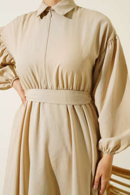 Yakası Fermuarlı Terikoton Elbise Bej - Thumbnail