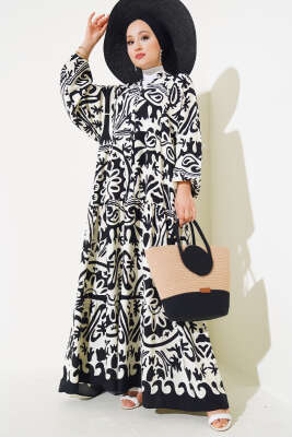 Desenli Yarasa Kol Viskon Elbise Siyah - Thumbnail