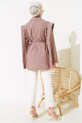 Omuz Kuşaklı Çizgili Ceket Vizon - Thumbnail