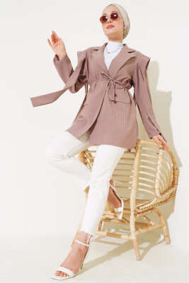 Omuz Kuşaklı Çizgili Ceket Vizon - Thumbnail