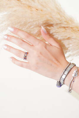 Renkli Taşlı Ayarlanabilir Yüzük Gümüş - Thumbnail