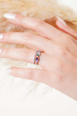 Renkli Taşlı Ayarlanabilir Yüzük Gümüş - Thumbnail