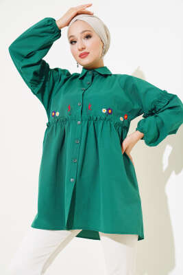 Pazarium - Pileli Çiçek Nakışlı Gömlek Yeşil