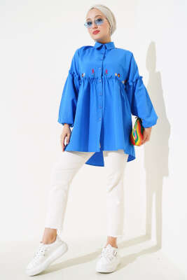 Pileli Çiçek Nakışlı Gömlek Saks - Thumbnail