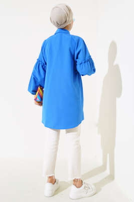 Pileli Çiçek Nakışlı Gömlek Saks - Thumbnail