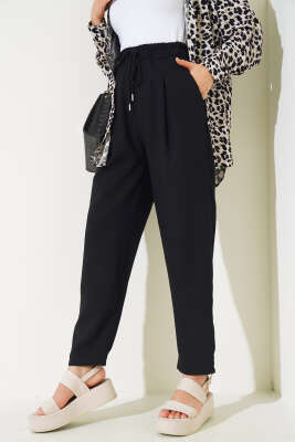 Bel Lastikli Keten Pantolon Siyah - Thumbnail