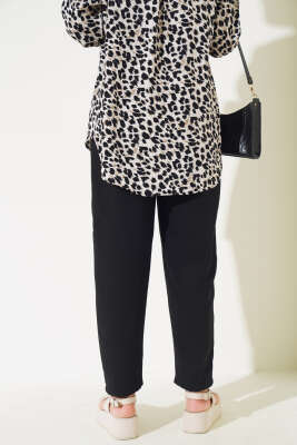 Bel Lastikli Keten Pantolon Siyah - Thumbnail