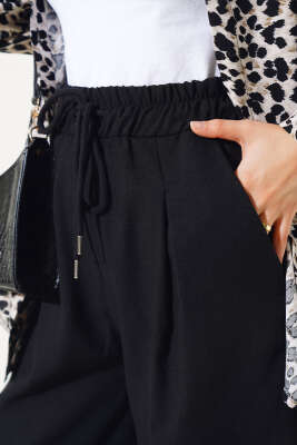 Bel Lastikli Keten Pantolon Siyah - Thumbnail