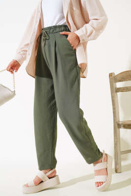 Bel Lastikli Keten Pantolon Nefti - Thumbnail