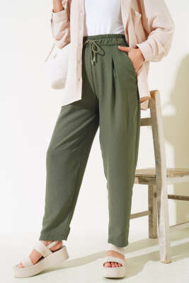 Bel Lastikli Keten Pantolon Nefti - Thumbnail