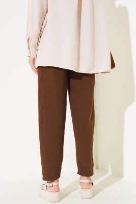 Bel Lastikli Keten Pantolon Kahve - Thumbnail