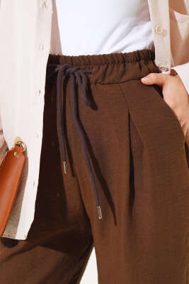 Bel Lastikli Keten Pantolon Kahve - Thumbnail