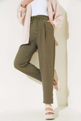 Pazarium - Bel Lastikli Keten Pantolon Haki