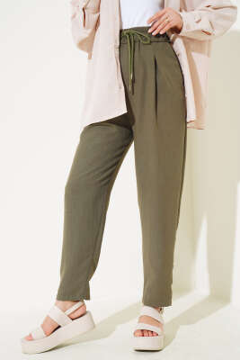 Bel Lastikli Keten Pantolon Haki - Thumbnail