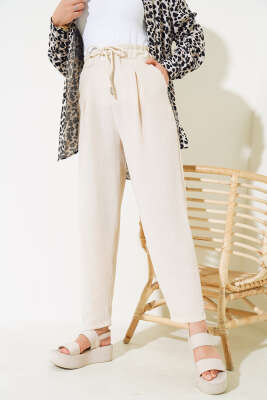 Bel Lastikli Keten Pantolon Bej - Thumbnail