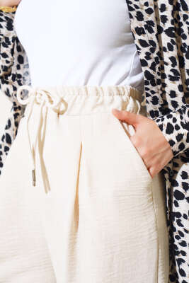 Bel Lastikli Keten Pantolon Bej - Thumbnail