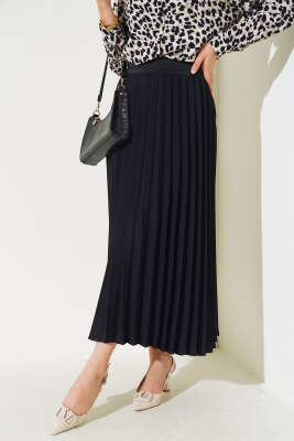 Pazarium - Beli Lastikli Pileli Etek Siyah 