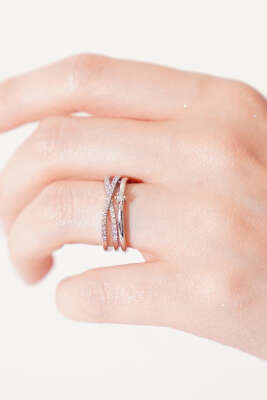 Çapraz Tek Taşlı Yüzük Gümüş - Thumbnail