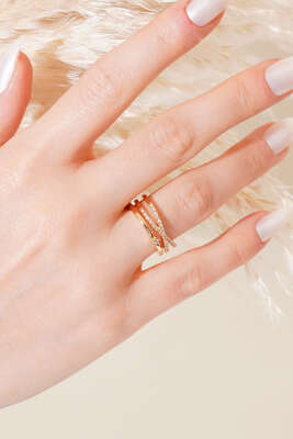 Çapraz Tek Taşlı Yüzük Gold - Thumbnail