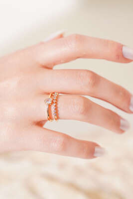 Kalpli Taş Detaylı Yüzük Gold - Thumbnail