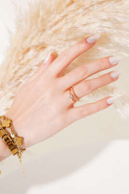 Kalpli Taş Detaylı Yüzük Gold - Thumbnail