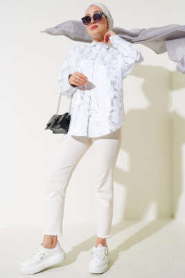 Fırça Varaklı Gömlek Beyaz - Thumbnail