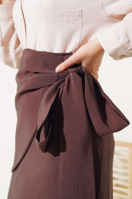 Yan Bağlamalı Etek Kahve - Thumbnail