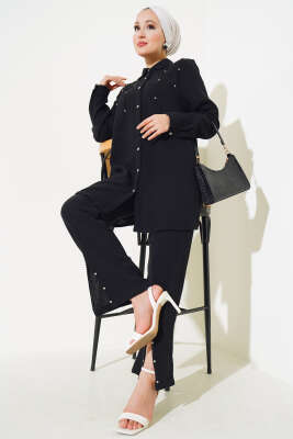 Sarkıt Taş Detaylı İkili Takım Siyah - Thumbnail
