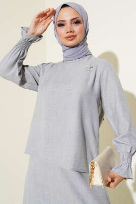 Bilekleri Lastikli Etekli İkili Takım Gri - Thumbnail