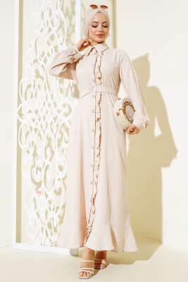 Pazarium - Fırfırlı Boydan Düğmeli Elbise Bej