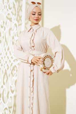 Fırfırlı Boydan Düğmeli Elbise Bej - Thumbnail