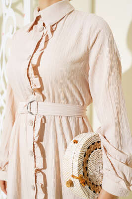 Fırfırlı Boydan Düğmeli Elbise Bej - Thumbnail