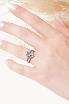 Mavi Kalpli Taşlı Yüzük Gümüş - Thumbnail