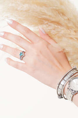 Mavi Kalpli Taşlı Yüzük Gümüş - Thumbnail