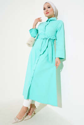 Pazarium - Gömlek Yaka Boy Düğmeli Tunik Mint