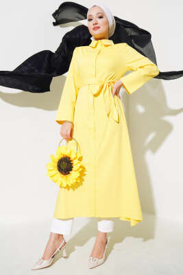 Pazarium - Gömlek Yaka Boy Düğmeli Tunik Sarı